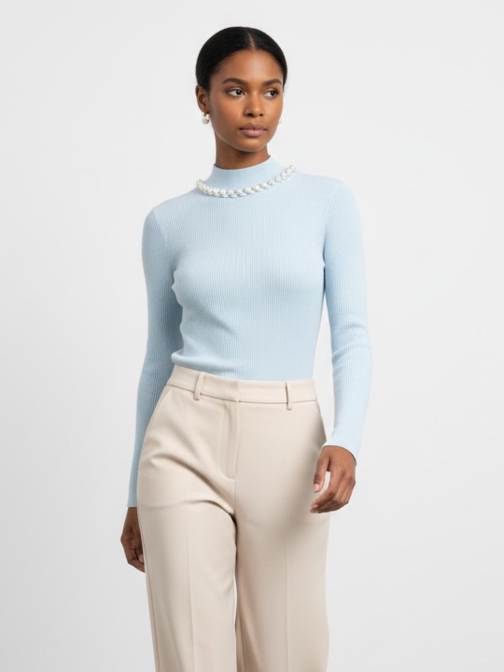 1654 • Blue Viscose Blend Ribbed Long Sleeve Mock Neck w/Pearl Strand Detail - Picture 3 of 10